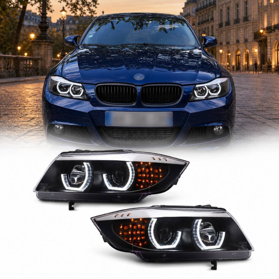 2 Phares BMW Serie 3 E90 E91 Angel Eyes 3D LED 05-12 - Noir