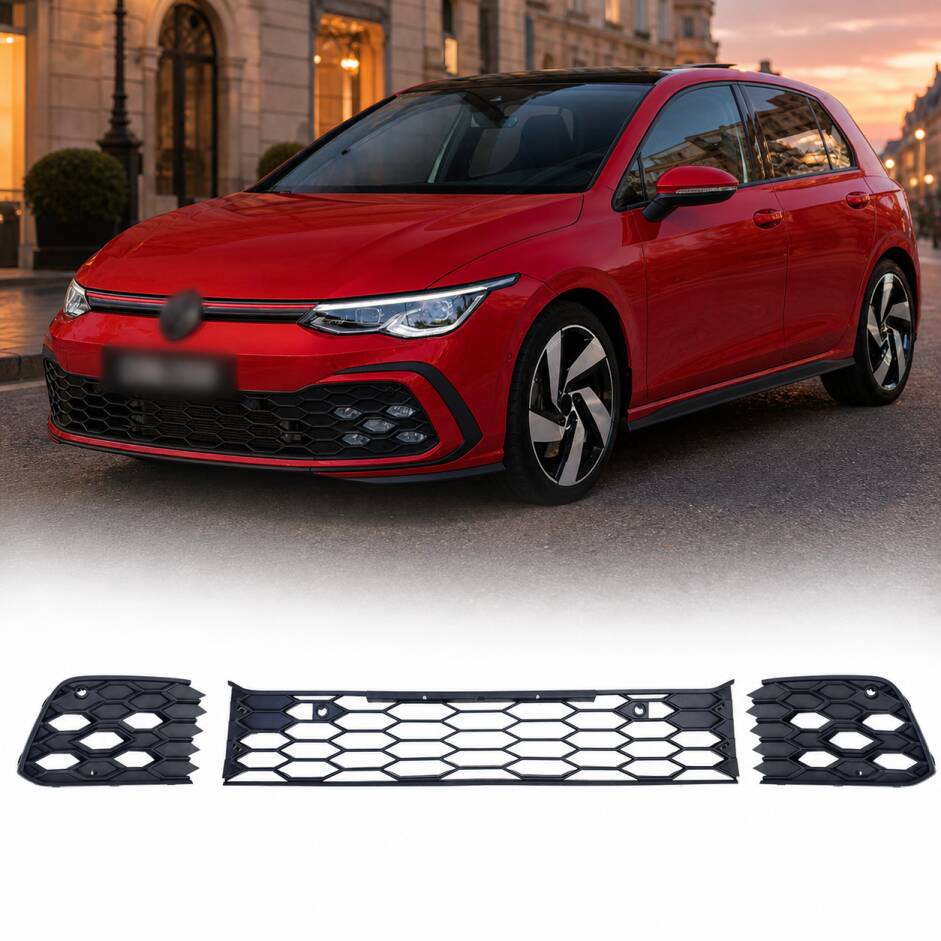 Jeu de grilles de pare choc avant nid d’abeille noir mat pour VW Golf 8 GTI / GTD 19-24