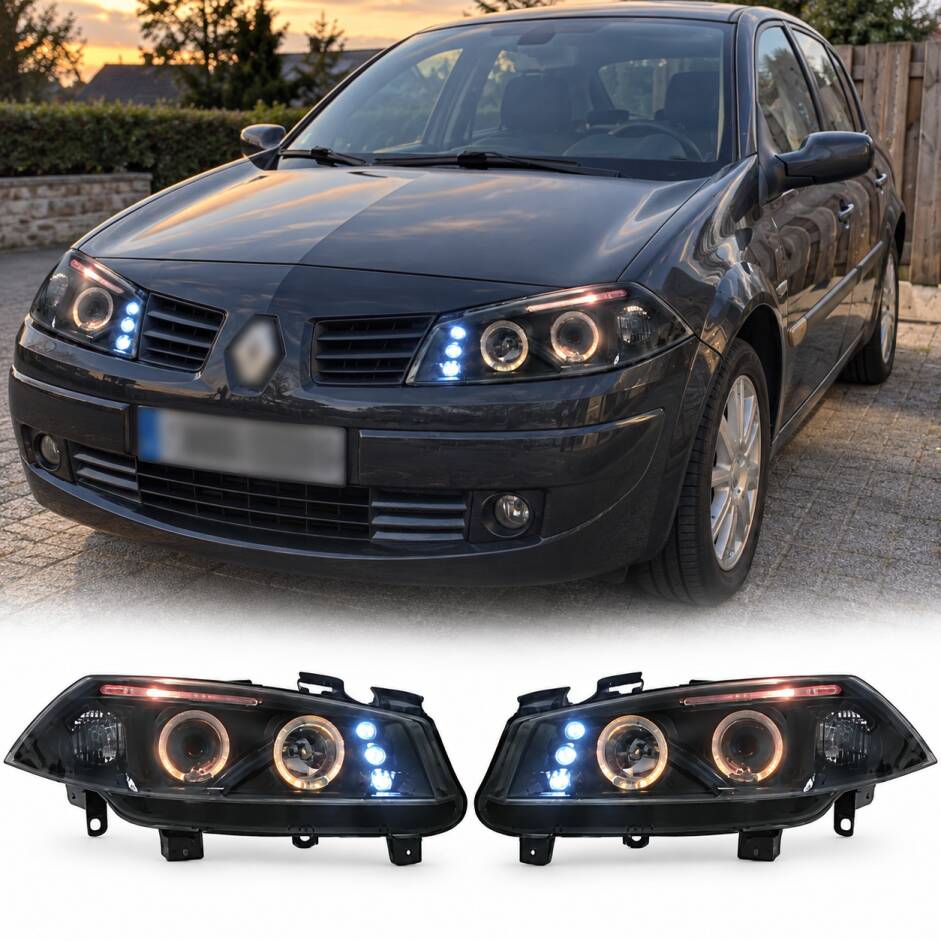 2 Phares avant Renault Megane 2 02-05 Angel Eyes LED - Noir