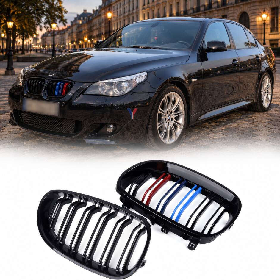 Grilles calandre BMW Serie 5 E60 E61 03-10 look couleur M - Noir Brillant