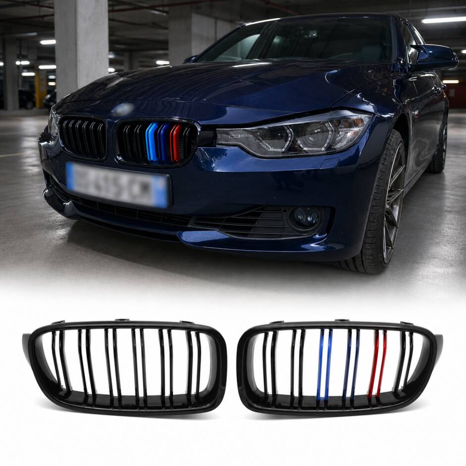 Grilles calandre BMW Serie 3 F30 F31 11-18 look couleur M - Noir Brillant
