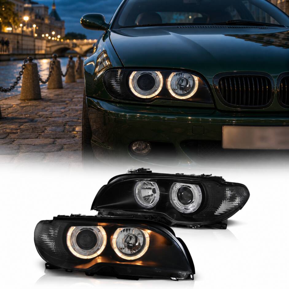 2 Phares avant angel eyes jaune - BMW E46 coupe cab 03-06 - Noir