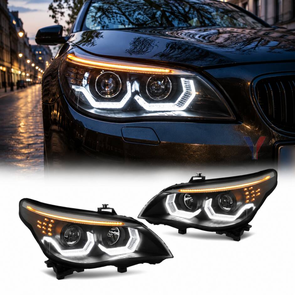 2 Phares BMW Serie 5 E60 E61 Angel Eyes LED 03-07 look Iconic - Noir