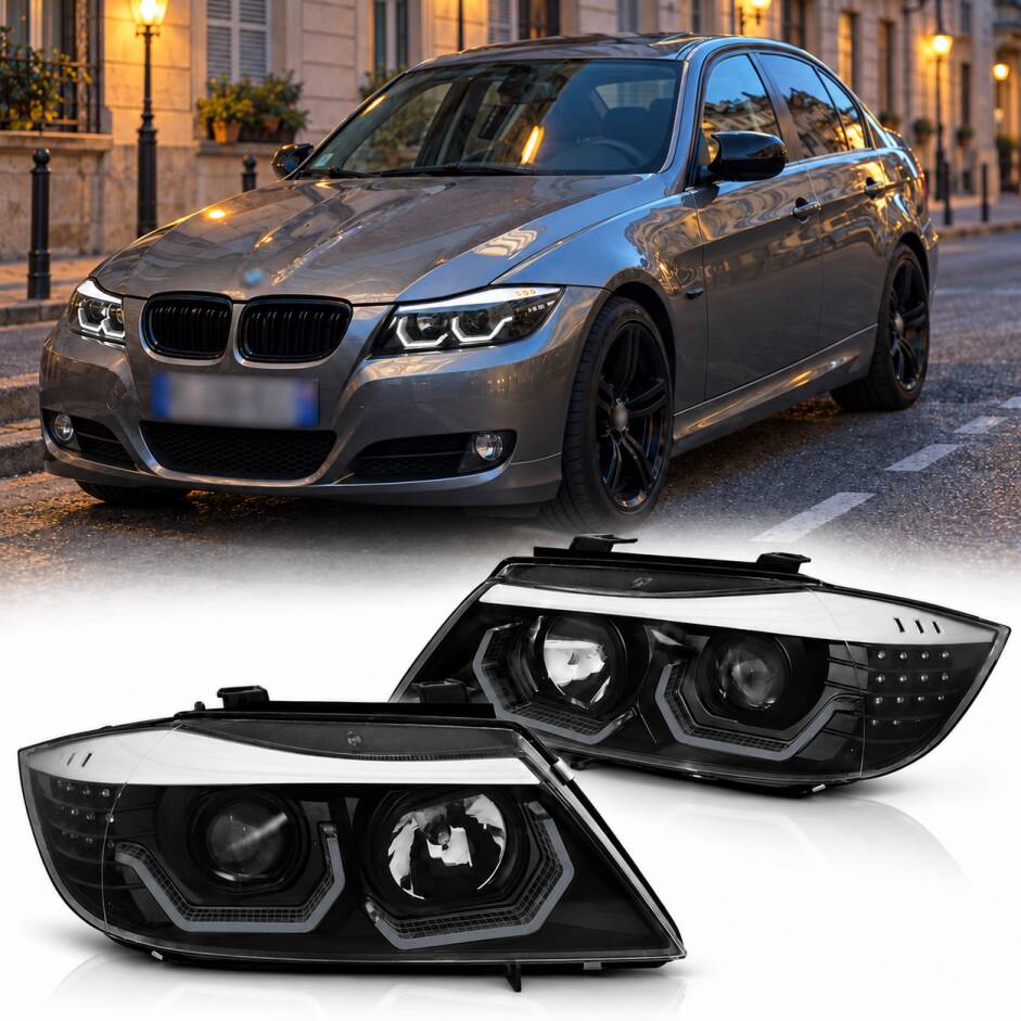 2 Phares BMW Serie 3 E90 E91 Angel Eyes LED 05-12 look Iconic - Noir