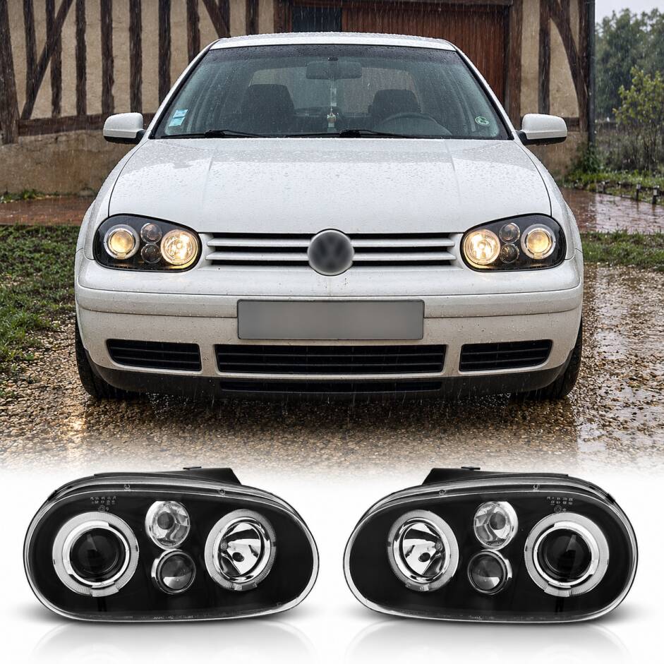 2 Phares avant VW GOLF 4 Angel Eyes LED blanc 97-03 - Noir