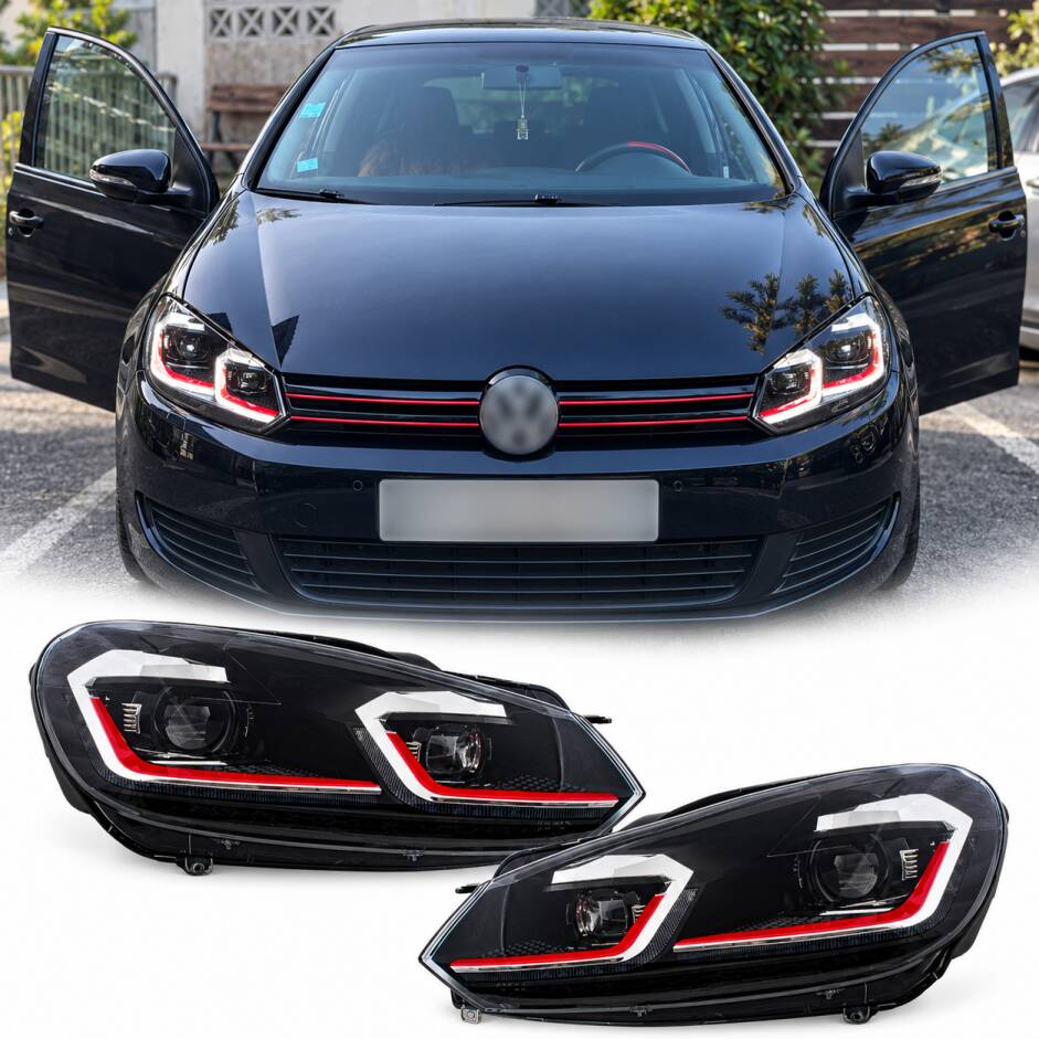 2 Phares avant VW GOLF 6 LED 08-13 look facelift G7.5 rouge - dynamiques