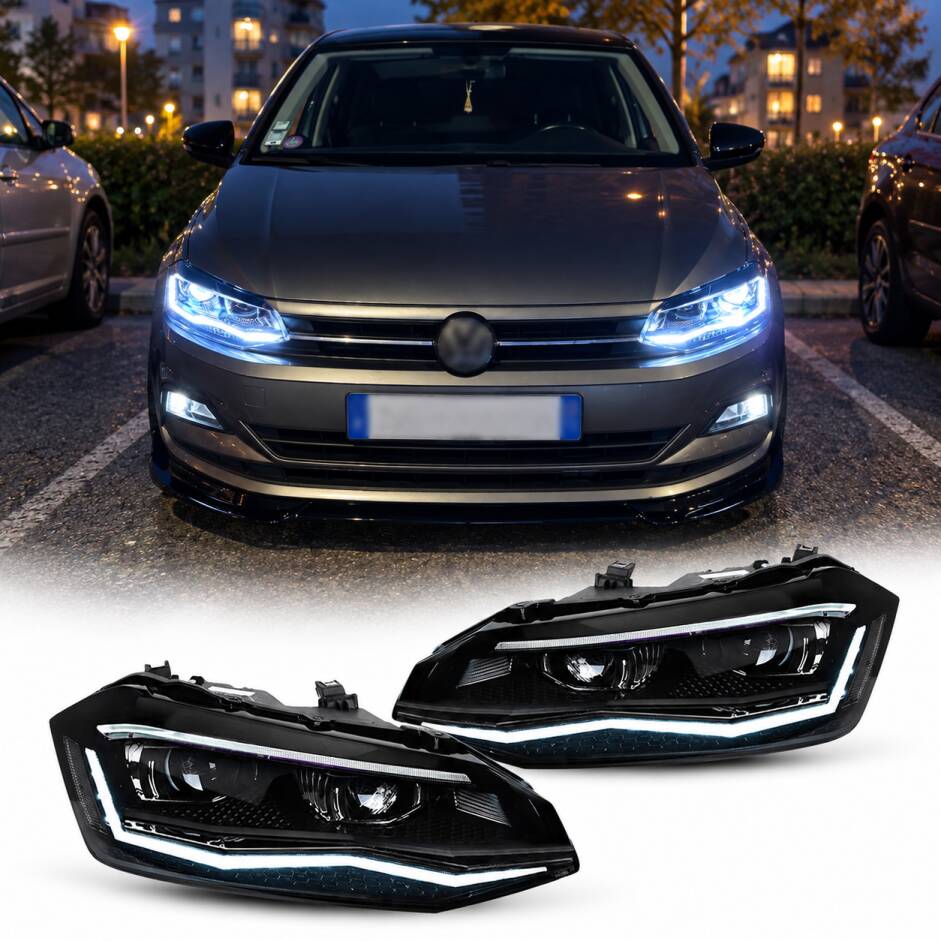 2 Phares halogene VW Polo 6 AW 17-21 - dynamiques - Noir Chrome