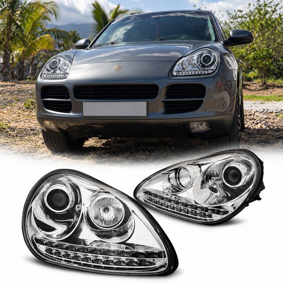 2 Phares xénon Porsche Cayenne DRL LED 03-07 - Chrome