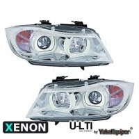 2 Phares xénon BMW Serie 3 E90 E91 Angel Eyes LED U-LTI 05-08 - Chrome