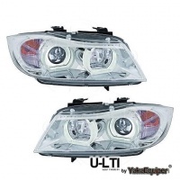 2 Phares BMW Serie 3 E90 E91 Angel Eyes LED U-LTI 05-08 - Chrome