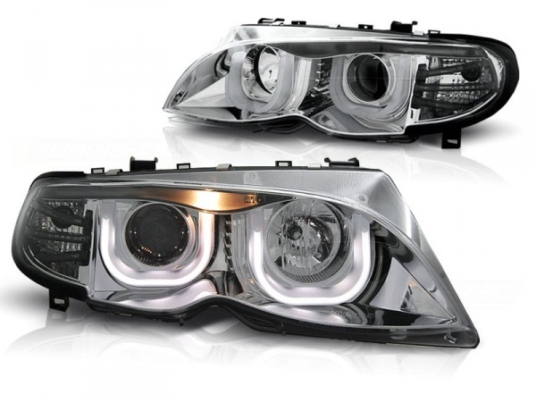 2 Phares avant BMW 3D LED E46 Berline Angel Eyes - Chrome
