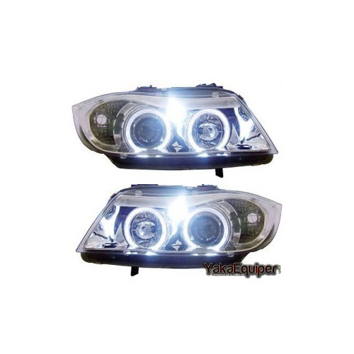 2 Phares avant BMW Serie 3 E90 E91 Angel Eyes LED 05-08 - Chrome