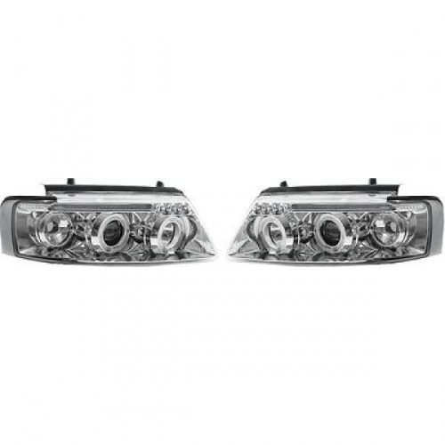 2 Phares avant VW Passat B5 (3B) Angel Eyes LED- 96-00 - Chrome