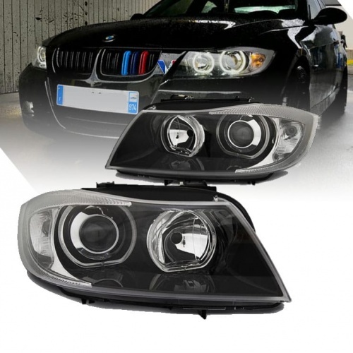2 Phares avant BMW Serie 3 E90 E91 Angel Eyes LED V2 DEPO 05-11 - Noir