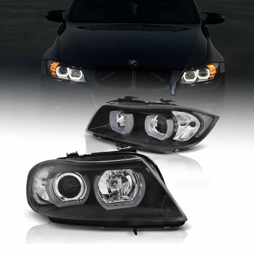 2 Phares BMW Serie 3 E90 E91 Angel Eyes LED U-LTI 05-08 - Noir