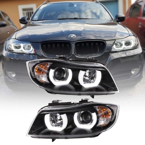 2 Phares xénon BMW Serie 3 E90 E91 Angel Eyes LED U-LTI 05-08 - Noir