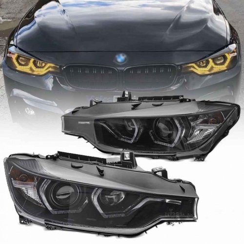 2 Phares avant BMW Serie 3 F30 Angel Eyes LED jaune 11-15 - Noir
