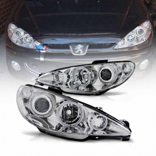 2 Phares avant Peugeot 206 Angel Eyes jaune - Chrome