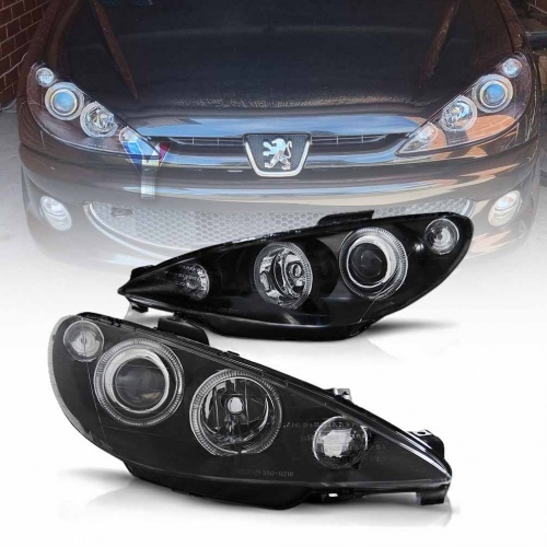 2 Phares avant Peugeot 206 Angel Eyes jaune - Noir