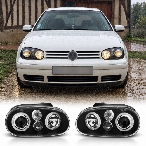 2 Phares avant VW GOLF 4 Angel Eyes LED blanc 97-03 - Noir