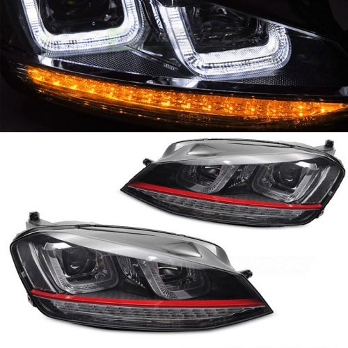2 Phares avant VW Golf 7 - 3D LED Dynamique - Noir liseret Rouge