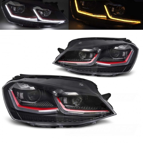 2 Phares avant VW Golf 7 - look GTI - Noir Rouge - Dynamiques