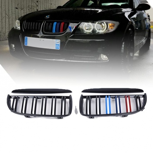 Grilles calandre BMW Serie 3 E90 E91 05-08 look couleur M - Noir Brillant