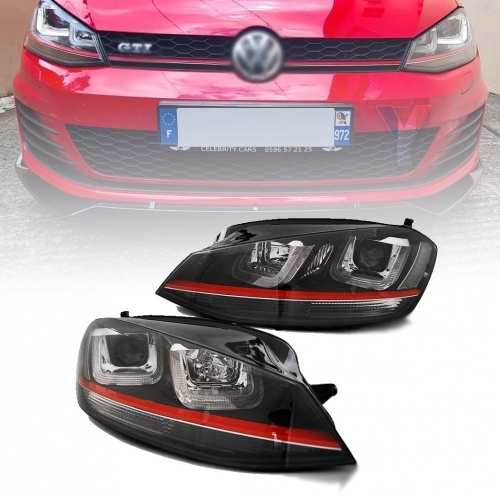 2 Phares avant VW Golf 7 - 3D LED - Noir + liseret rouge