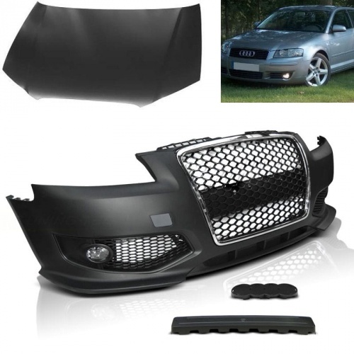 Kit upgrade Pare choc + capot AUDI A3 03-05 Look RS3 - Noir chrome
