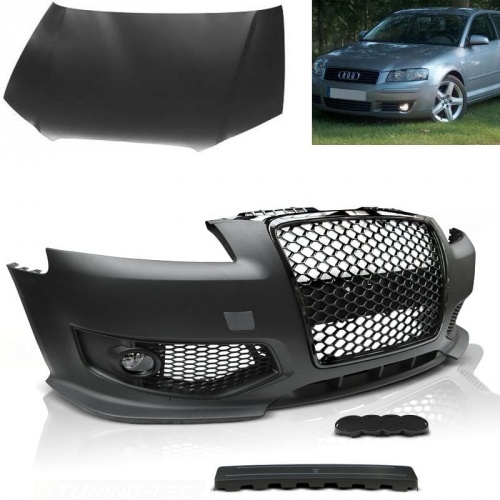 Kit upgrade Pare choc + capot AUDI A3 03-05 Look RS3 - Noir brillant