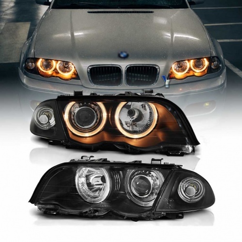 2 Phares avant angel eyes jaune - BMW E46 98-01 - Noir