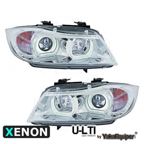 2 Phares xénon BMW Serie 3 E90 E91 Angel Eyes LED U-LTI 05-08 - Chrome