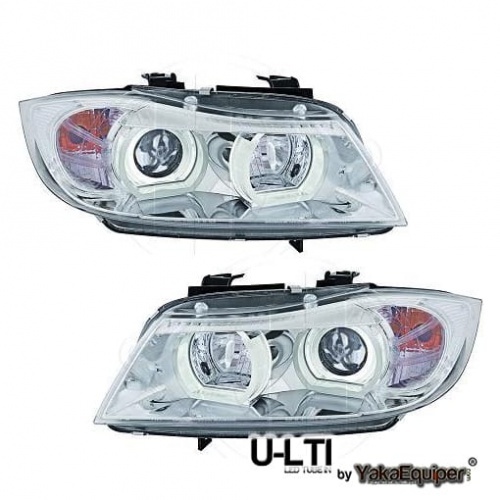 2 Phares BMW Serie 3 E90 E91 Angel Eyes LED U-LTI 05-08 - Chrome