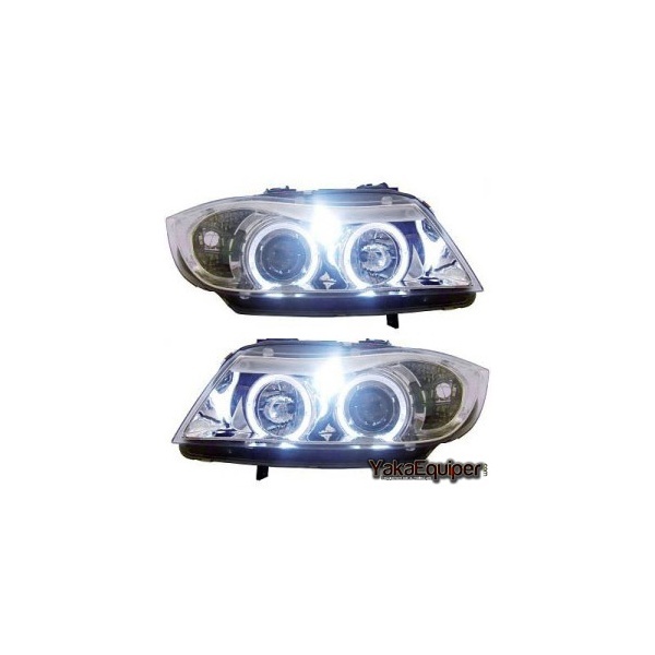 2 Phares avant BMW Serie 3 E90 E91 Angel Eyes LED 05-08 - Chrome