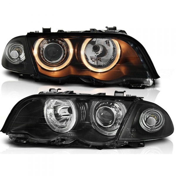 2 Phares avant angel eyes jaune - BMW E46 98-01 - Noir