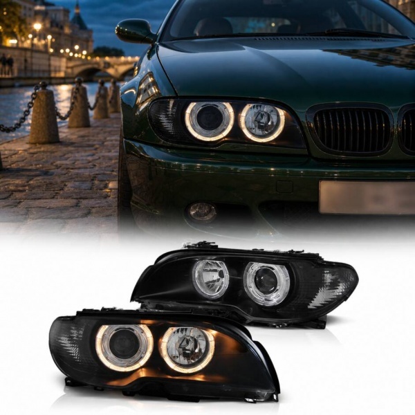 2 Phares avant angel eyes jaune - BMW E46 coupe cab 03-06 - Noir