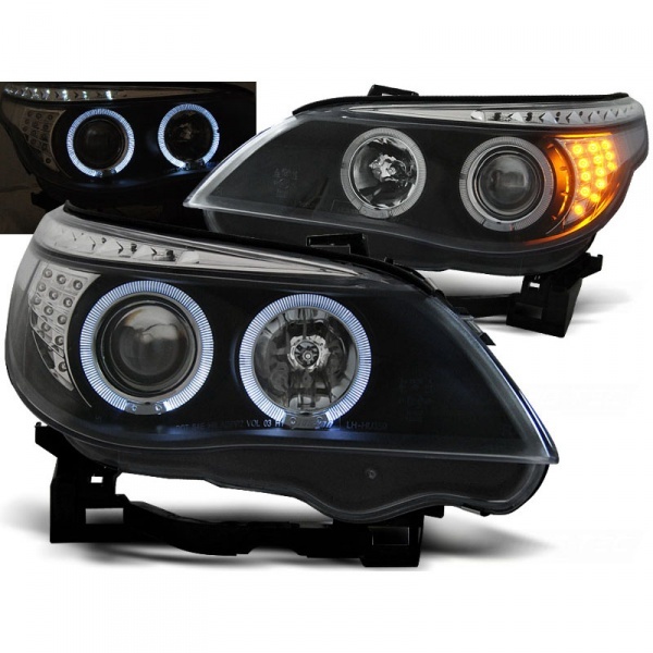 2 Phares avant BMW Serie 5 E60/E61 halogene Angel Eyes LED 03-07 - Noir