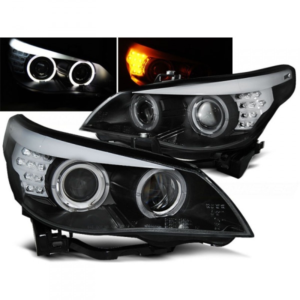 2 Phares avant BMW Serie 5 E60/E61 halogene Angel Eyes LED 03-07 - Noir