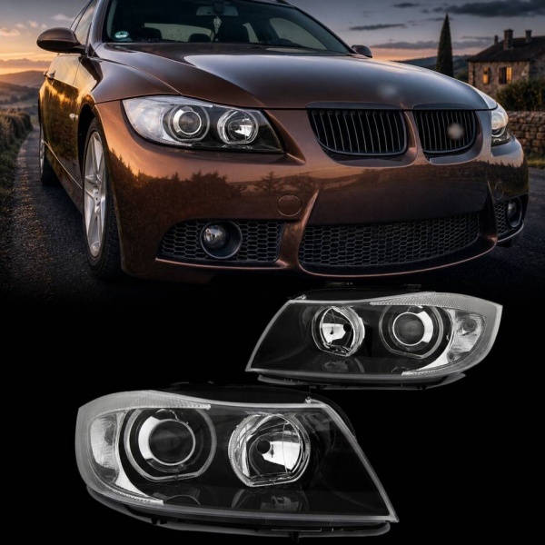 2 Phares avant BMW Serie 3 E90 E91 Angel Eyes LED V2 DEPO 05-11 - Noir