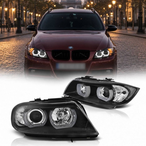 2 Phares xénon BMW Serie 3 E90 E91 Angel Eyes LED U-LTI 05-08 - Noir