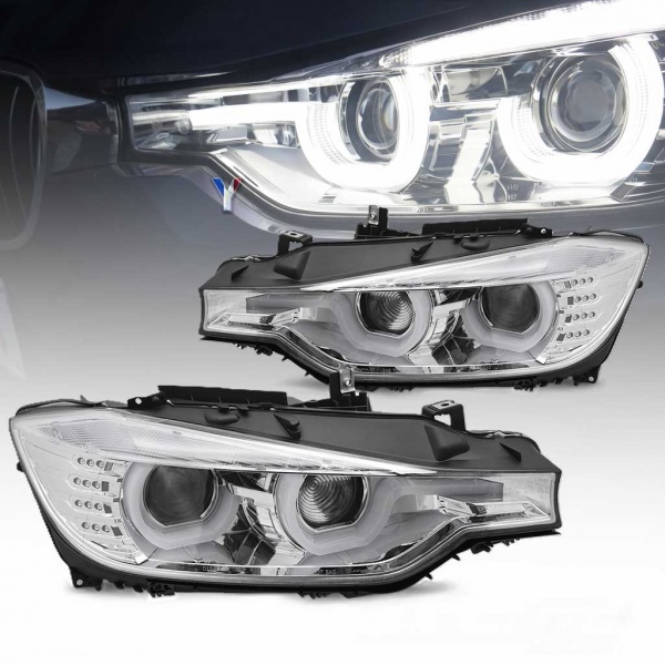 2 Phares avant BMW Serie 3 F30 Angel Eyes 3D LED 11-15 - Chrome