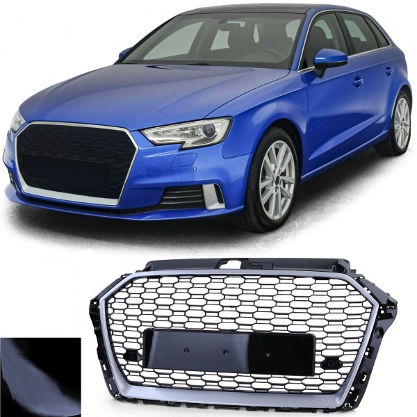 Grille calandre Audi A3 8V - 17-20 - look RS3 - Noir Argent - PDC et Sans