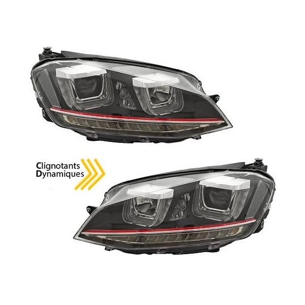 2 Phares avant VW Golf 7 - 3D LED Dynamique - Noir liseret rouge