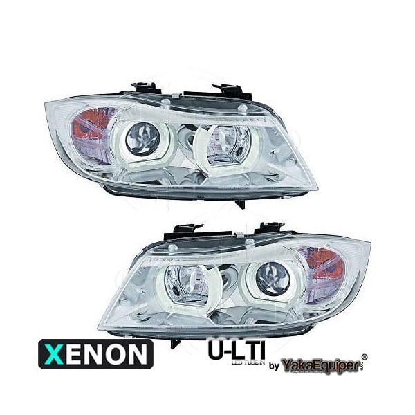 2 Phares xénon BMW Serie 3 E90 E91 Angel Eyes LED U-LTI 05-08 - Chrome