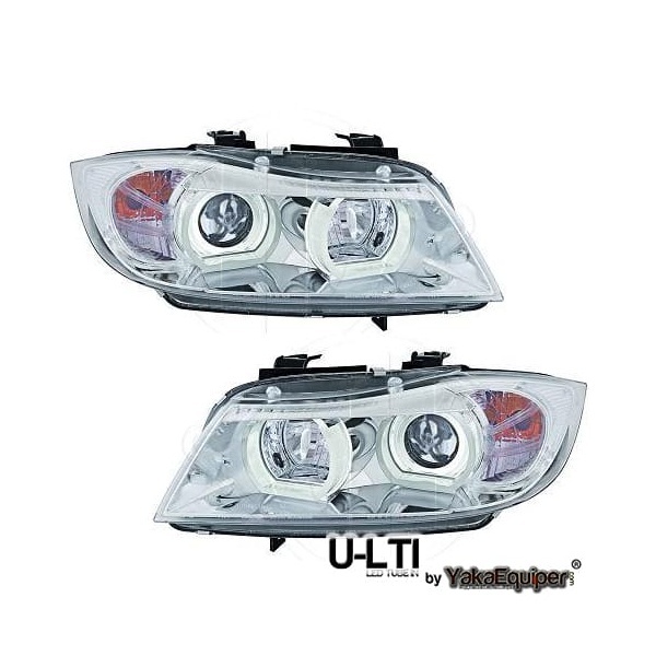 2 Phares BMW Serie 3 E90 E91 Angel Eyes LED U-LTI 05-08 - Chrome