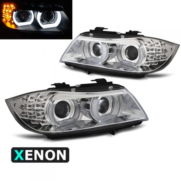 2 Phares xénon BMW Serie 3 E90 E91 lci Angel Eyes LED U-LTI 09-11 - Chrome