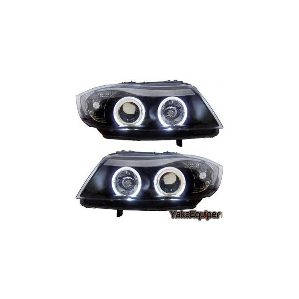 2 BMW Serie 3 E90 E91 Angel Eyes LED 05-08 front headlights - Black