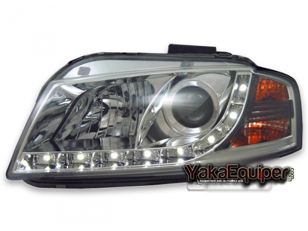 Phares Avant LED Devil Eyes Noirs Pour Audi A3 8P / 8PA 2003-2008 - Noir, Bande LED Bleutée, Homologués CE