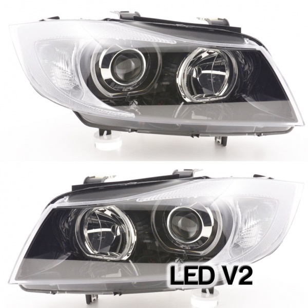 2 BMW Serie 3 E90 E91 Angel Eyes LED V2 DEPO 05-11 front headlights - Black