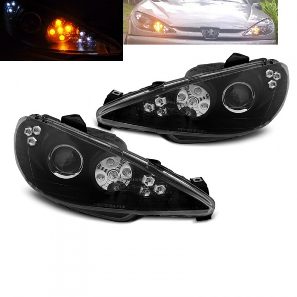 2 fari Peugeot 206 fase 2 02-08 - LED lampeggiante LED - nero
